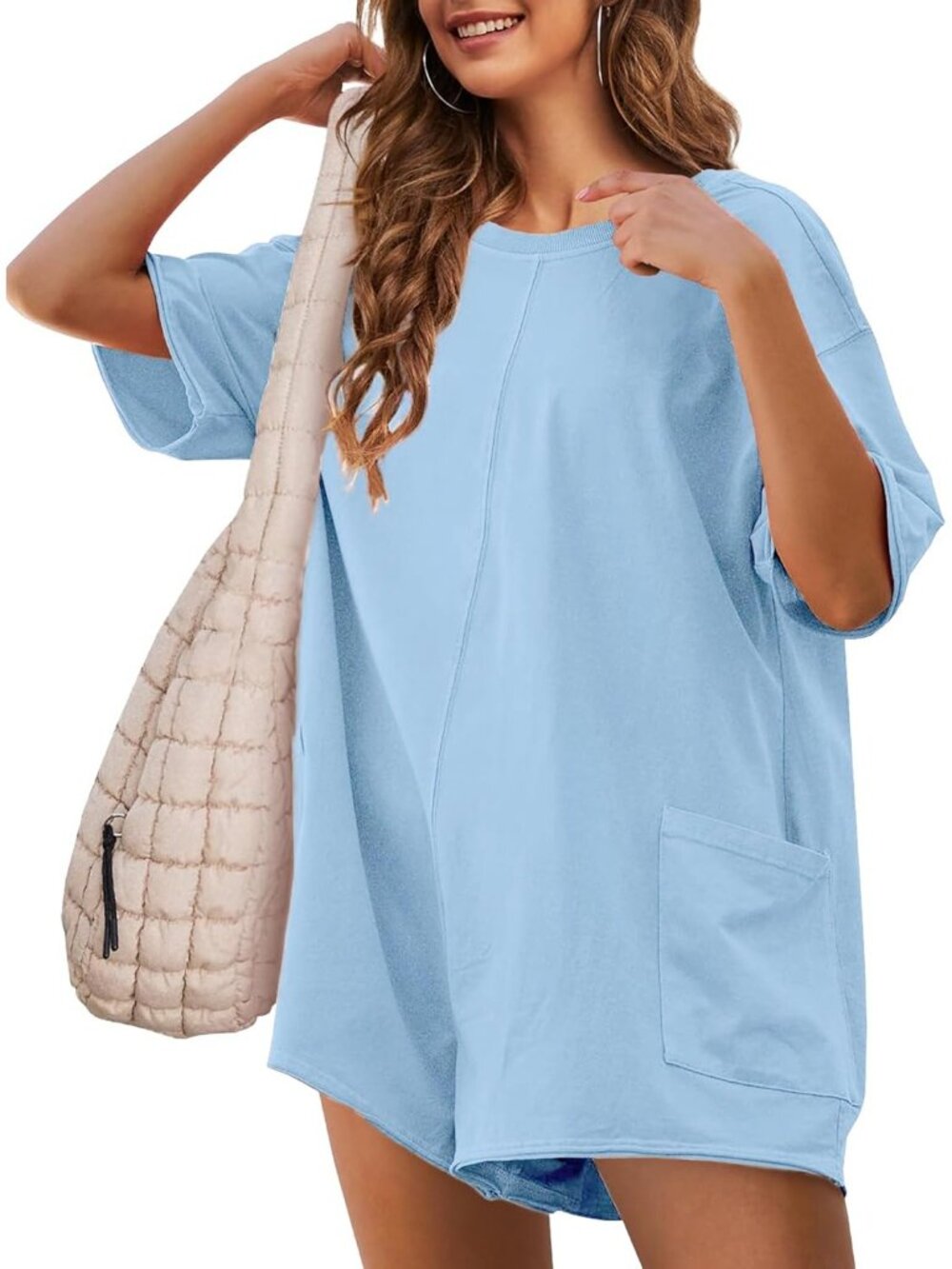Women's Light Blue Casual Oversized Athletic Overall Workout Hot Shot Tee Romper